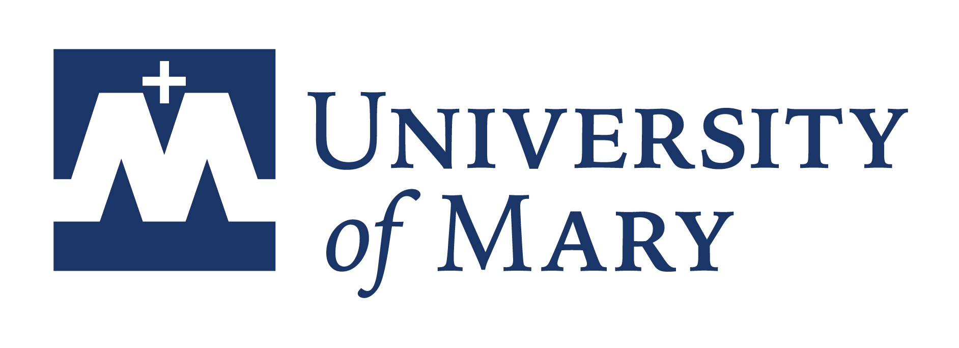 Logo of University of Mary featuring a navy blue square with a white stylized letter M topped with a white cross, with the text "University of Mary" in blue next to it.