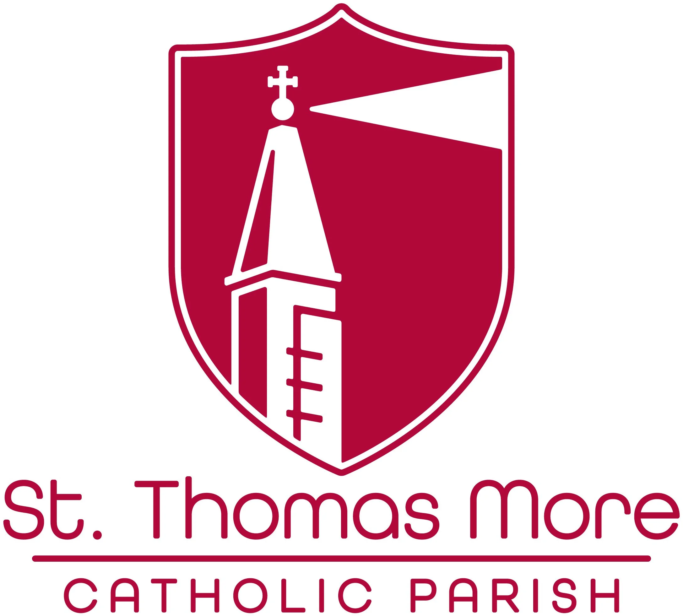 A red shield-shaped logo with a white church steeple and cross, and the text 'St. Thomas Parish' in red.