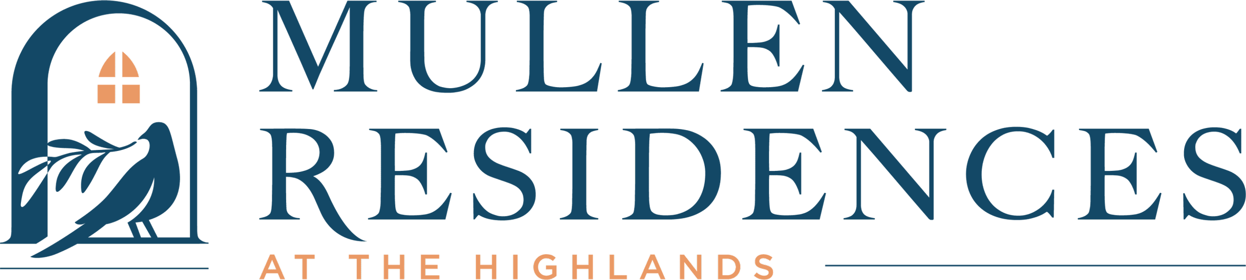 Logo for Mullen Residences at The Highlands featuring a stylized dove inside an arched window with a small windowpane detail, and text in blue and peach colors.
