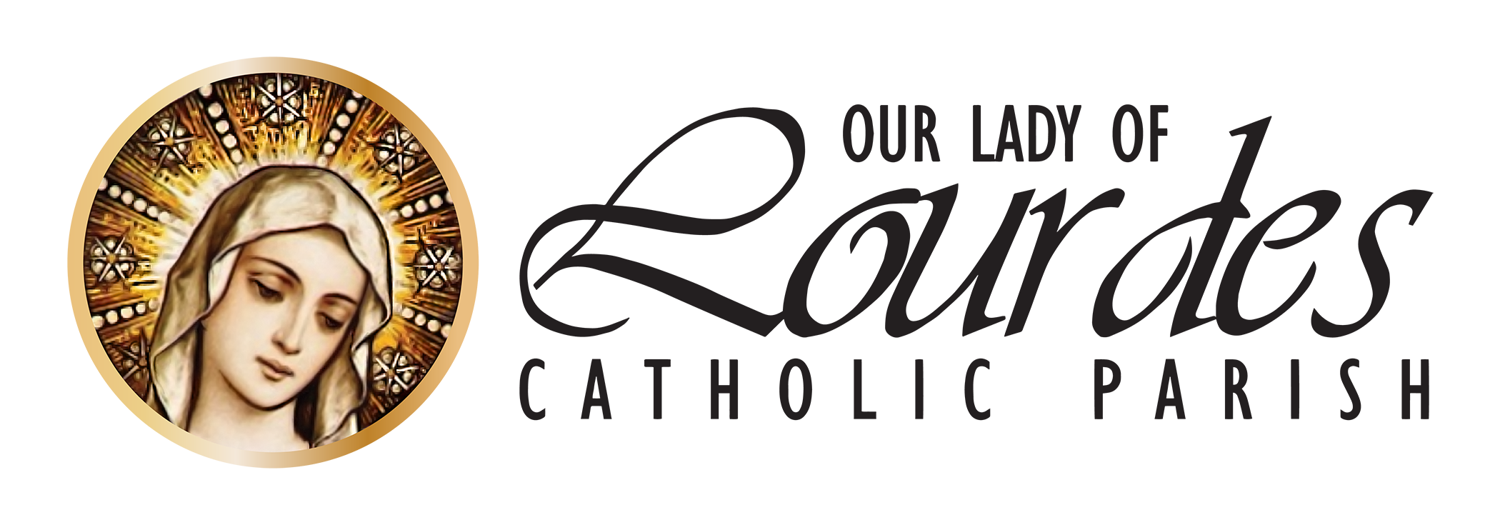 Religious image of the Virgin Mary with a golden halo, surrounded by decorative elements. Gold and black banner with text saying Our Lady of Lourdes Catholic Parish.