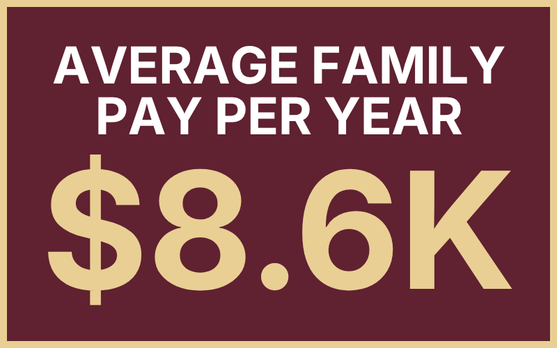 Text displaying the average family pay per year as $8,600.