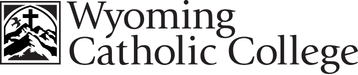 Wyoming Catholic College logo with mountain, cross, and tree illustrations.