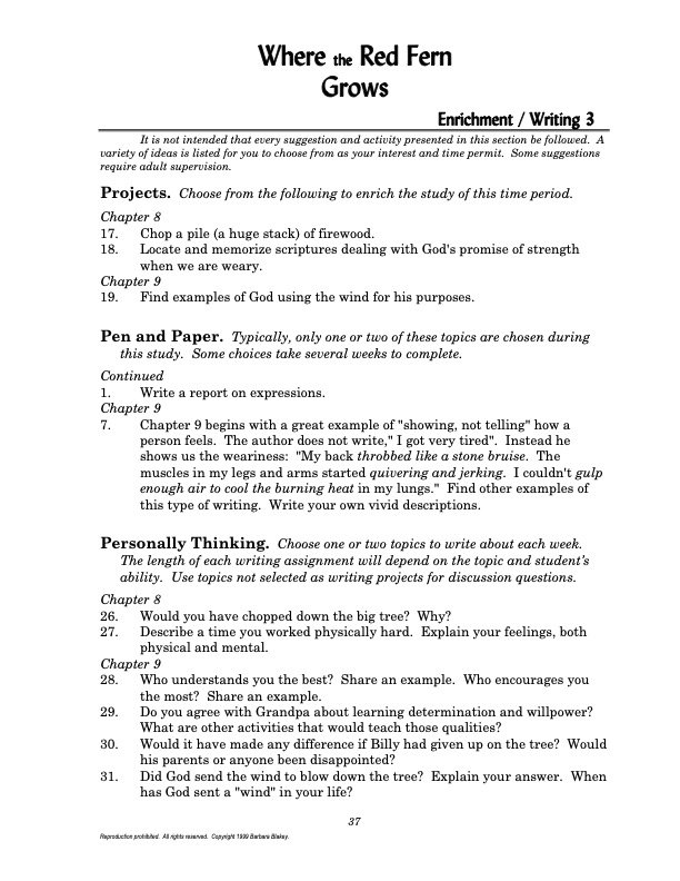 Where the Red Fern Grows Study Guide Sample Page