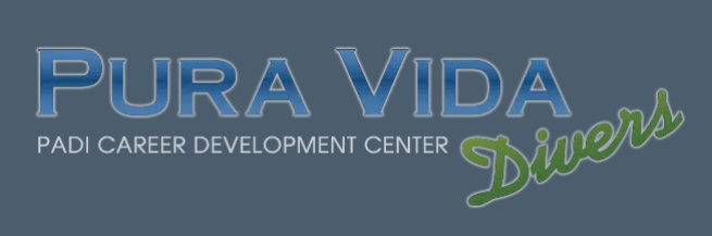 Logo for Pura Vida PADI Career Development Center Divers with blue and green text.