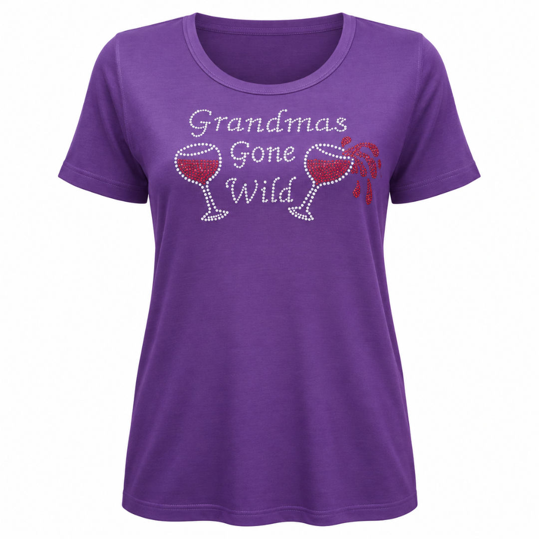 Women’s Purple Rhinestone Shirt, Short or 3/4 Sleeve