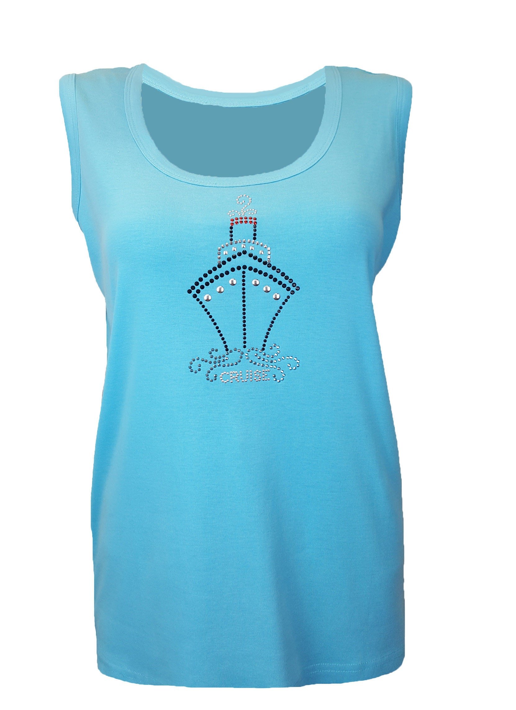 Cruise Bling Aqua Tank Top with Rhinestud Embellishment. Soft flexible light weight design. Combed cotton poly blend.