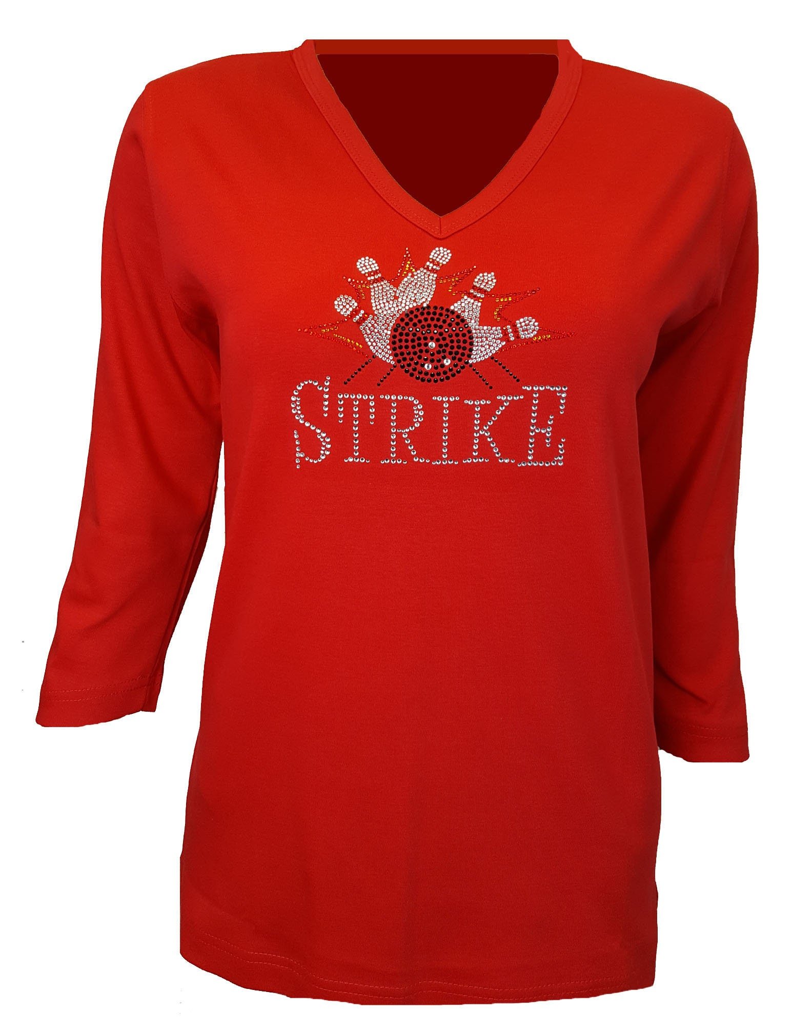 Bowling Bling Shirt with Rhinestone and Rhinestud Embellishment. Red Combed Cotton Poly Blend.
