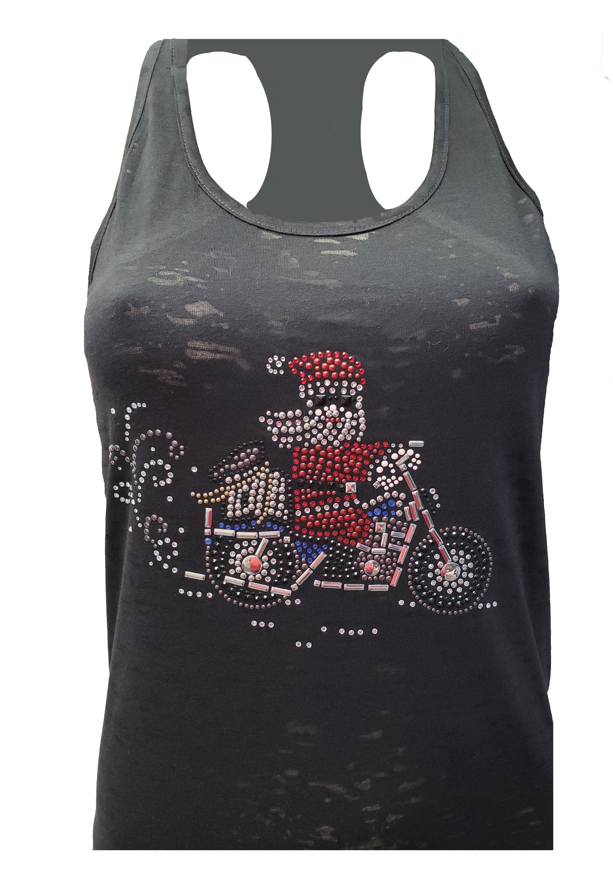 Motorcycle Santa Bling Racer Back Burn-out Tank Top with Rhinestone and Rhinestud Embellishment.