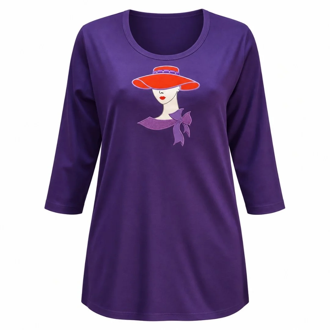 Women’s Purple Rhinestone Shirt, Satin Appliqué, 3/4 Sleeve