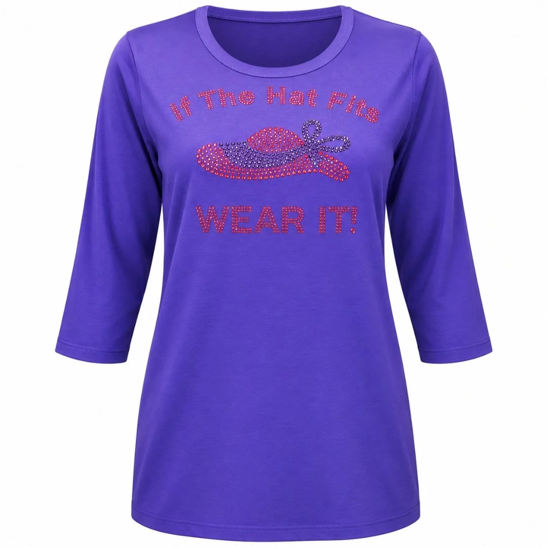 Women’s Purple Rhinestone Shirt, 3/4 Sleeve, Combed Cotton-Poly Blend