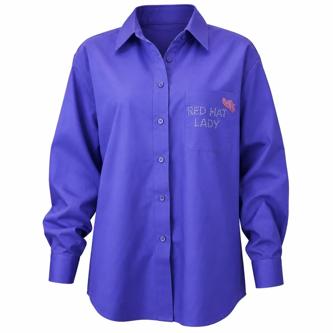 Women’s Purple Button-Up Shirt, Rhinestud Pocket Design