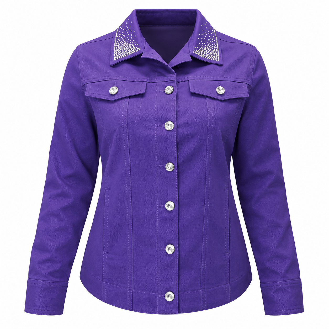 Women’s Purple Denim Jacket, Rhinestone Buttons, Crystal-Embellished Collar, Stretch