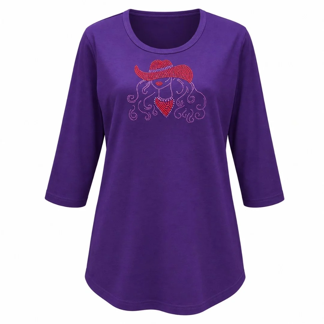 Women’s Purple Rhinestone Shirt, 3/4 Sleeve, Combed Cotton-Poly Blend