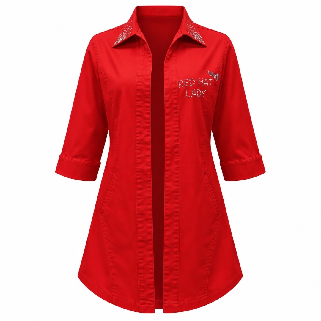 Women’s Red Rhinestone Duster, 3/4 Sleeve, Cotton-Spandex Blend