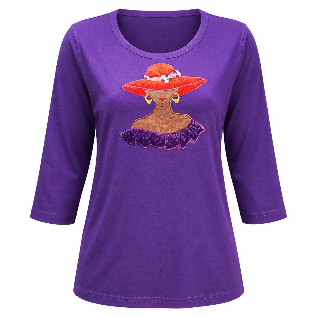 Women’s Purple Rhinestone Shirt, Scoop Neck, 3/4 Sleeve, Combed Cotton-Poly Blend