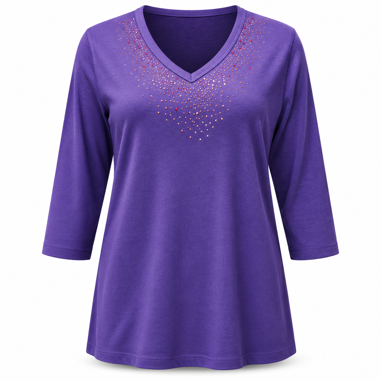 Women’s Purple Rhinestone Shirt, 3/4 Sleeve, Poly-Cotton Blend