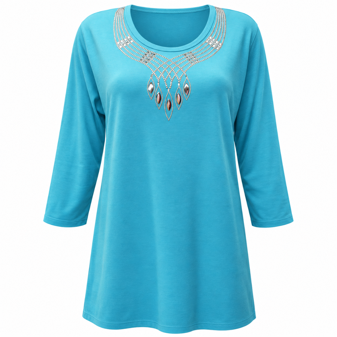 Women's Aqua Rhinestone Bling Shirt, Silver Rhinestuds and Crystal Embellishment, Poly-Cotton Blend