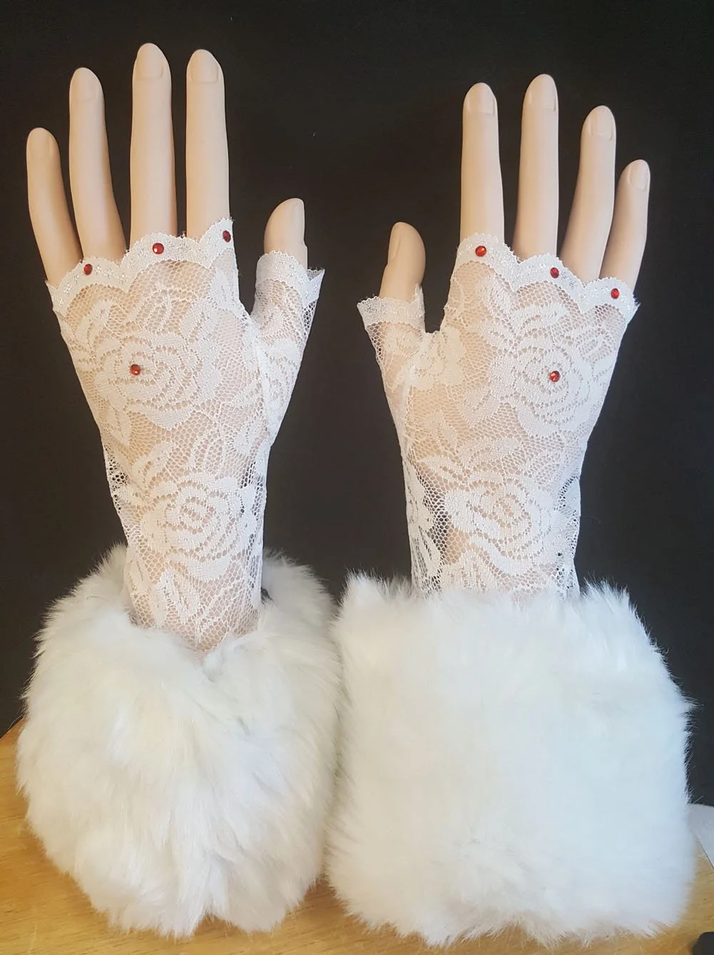 White Fingerless Lace Gloves with Red Austrian Crystals and White Faux Fur Cuffs. Storyteller Gloves-one size.