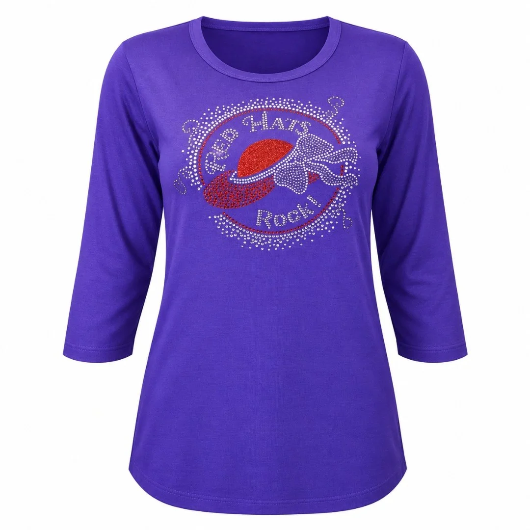 Women’s Purple Rhinestone Shirt, Scoop Neck, 3/4 Sleeve