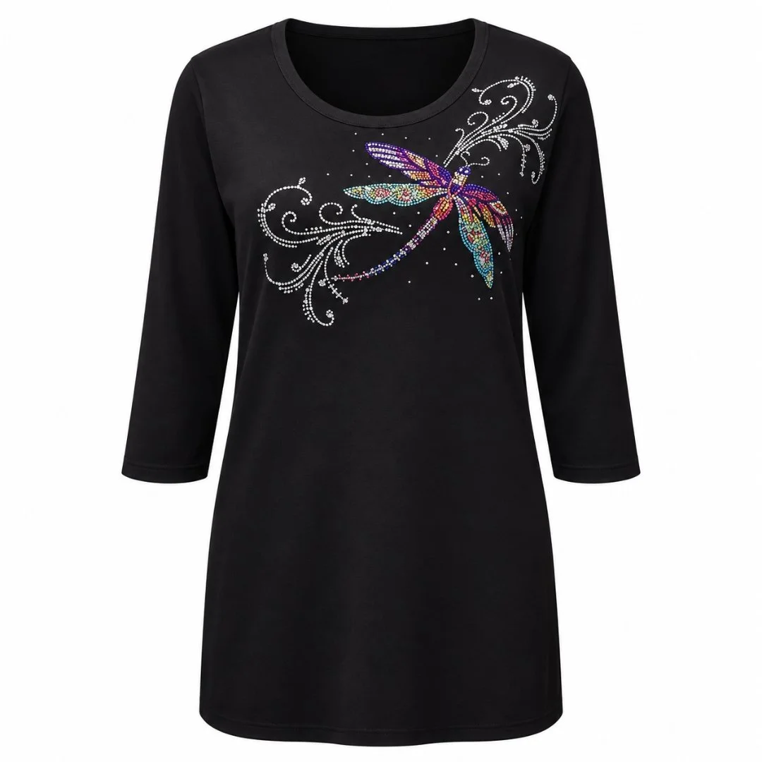 Women’s Black Bling T-Shirt, Scoop Neck, Combed Cotton-Poly Blend, Rhinestone and  Embellishment