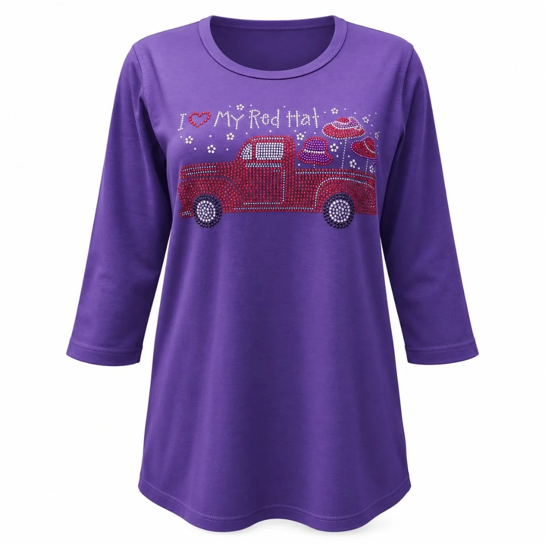 Women’s Purple Rhinestone Shirt, 3/4 Sleeve, Combed Cotton-Poly Blend
