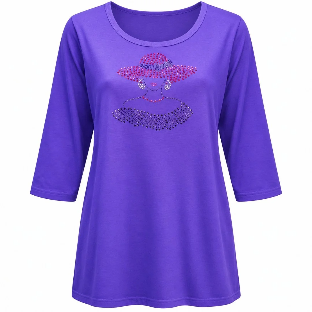 Women’s Purple Rhinestone Shirt, 3/4 Sleeve, Combed Cotton-Poly Blend