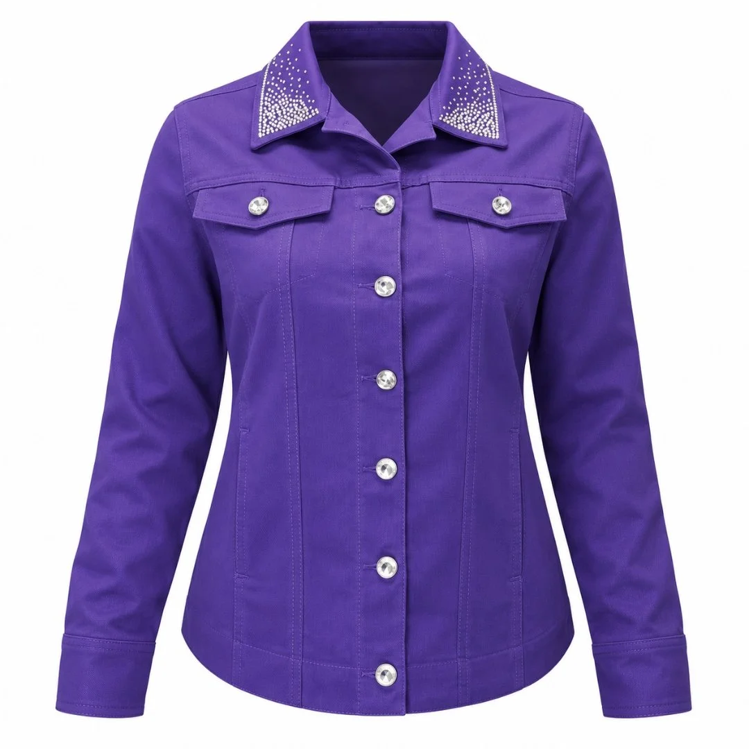 Women’s Purple Denim Jacket, Rhinestone Buttons, Crystal-Embellished Collar