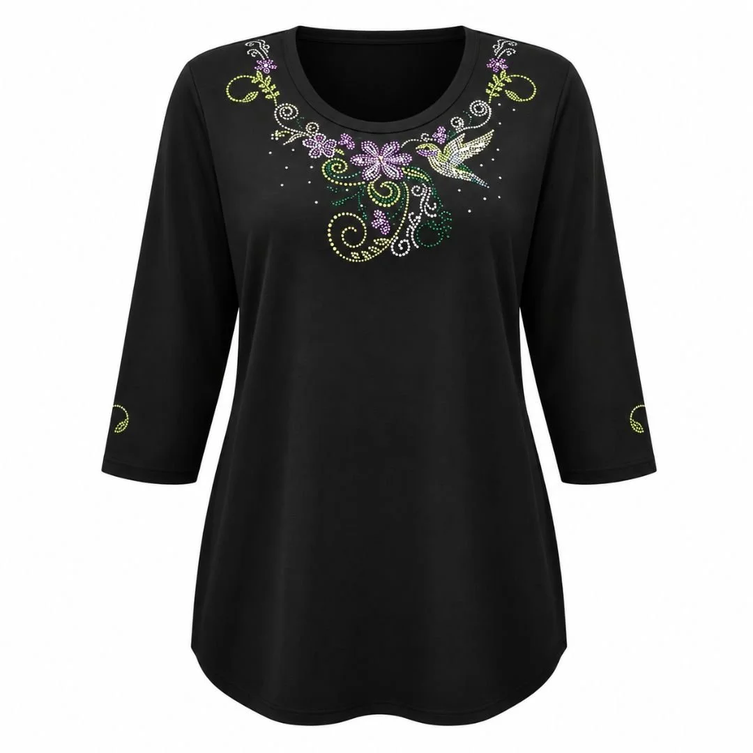Women’s Black Rhinestone Shirt, Purple Flower Design, Scoop Neck, 3/4 Sleeve, Poly-Cotton Blend