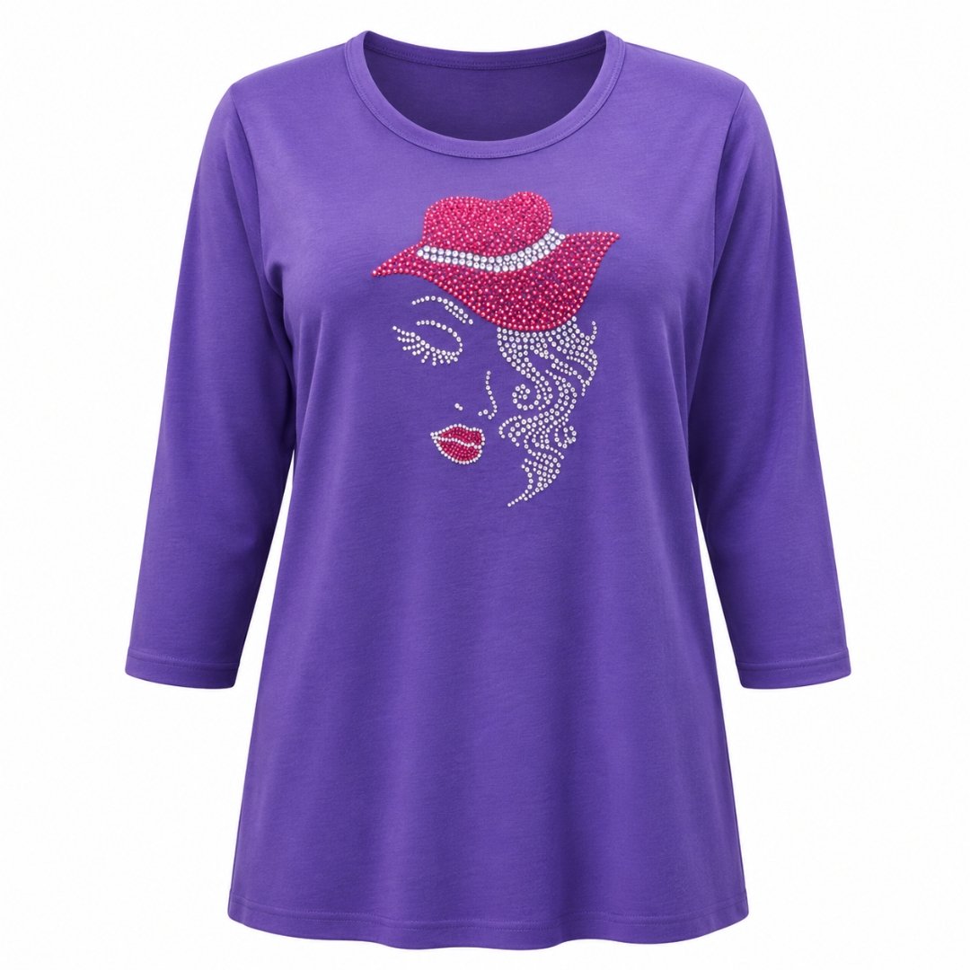 Women’s Purple Rhinestone Shirt, Scoop Neck, 3/4 Sleeve, Poly-Cotton Blend