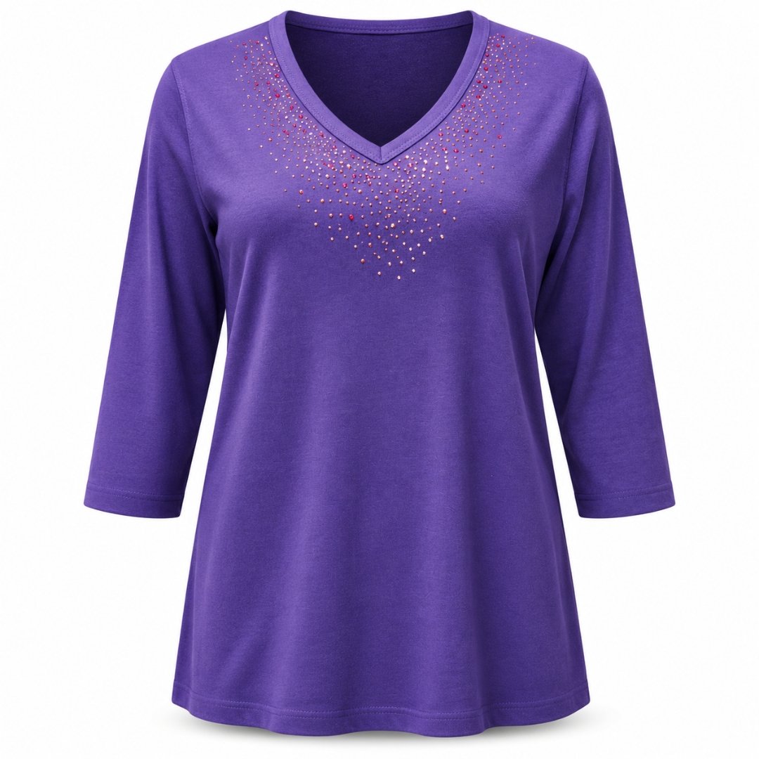 Women’s Purple Rhinestone Shirt, Scoop Neck, 3/4 Sleeve, Poly-Cotton Blend