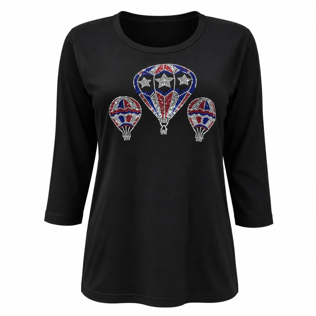 Women’s Black Rhinestone Shirt, Scoop Neck, 3/4 Sleeve, Relaxed Fit