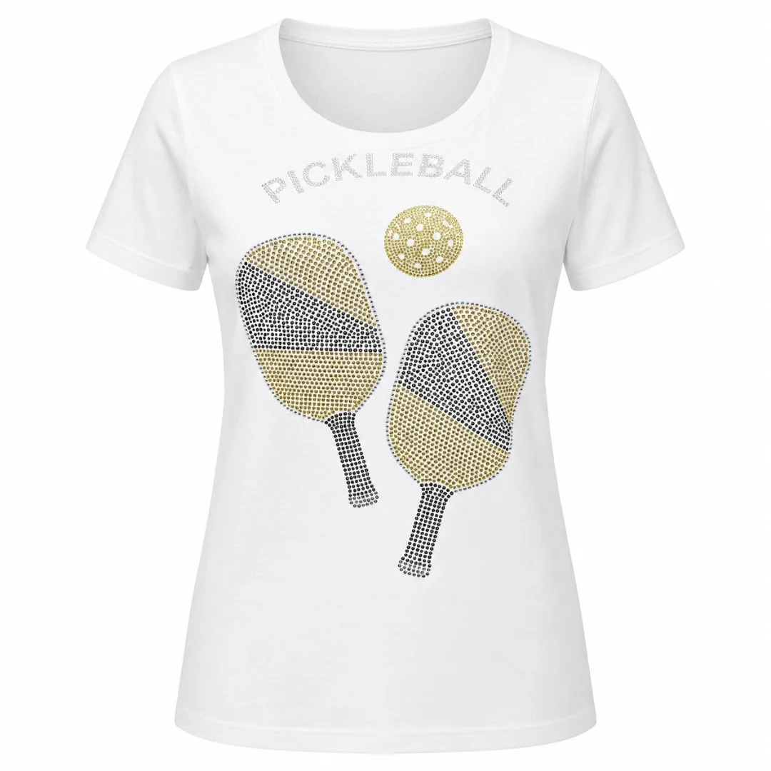 Women’s White Rhinestone Shirt, Scoop Neck, Short Sleeve, Poly-Cotton Blend