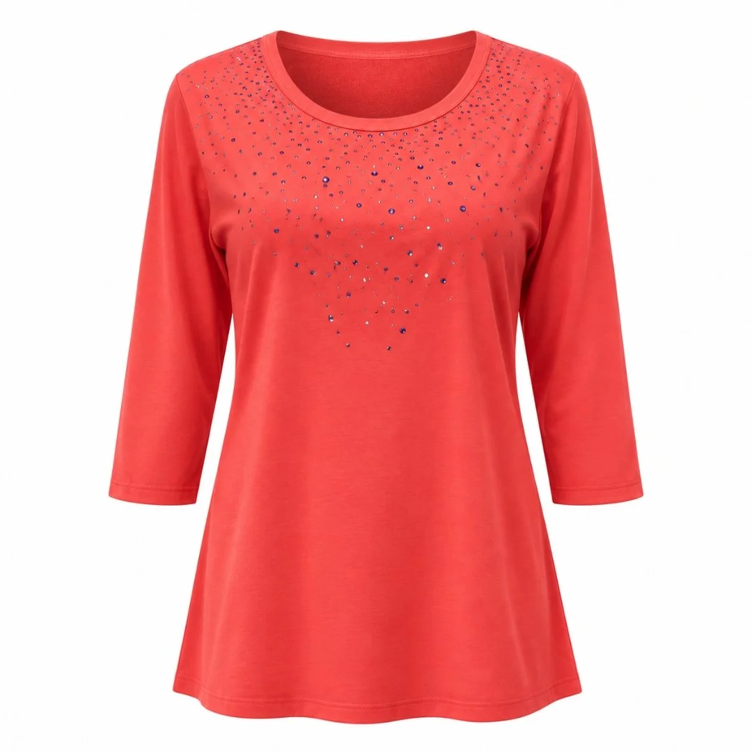 Women’s Red Rhinestone Shirt, 3/4 Sleeve, Poly-Cotton Blend