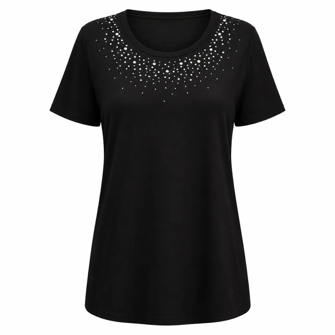 Women's Black Rhinestone Scoop Neck Shirt, Combed Cotton-Poly Blend Tee, Rhinestone Neckline