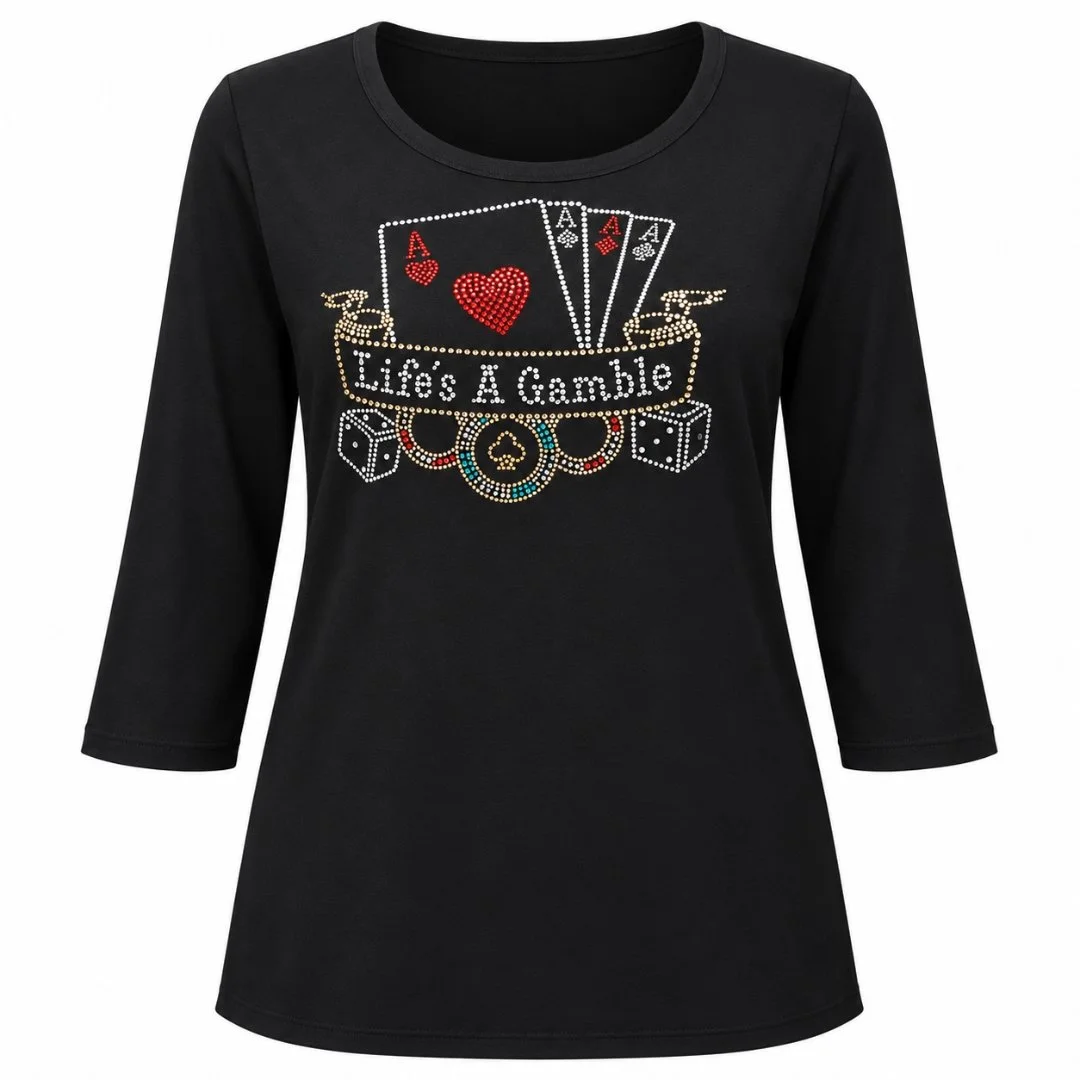 Women's Black Rhinestone Scoop Neck T-Shirt, Combed Cotton-Poly Blend, Bling Embellishment