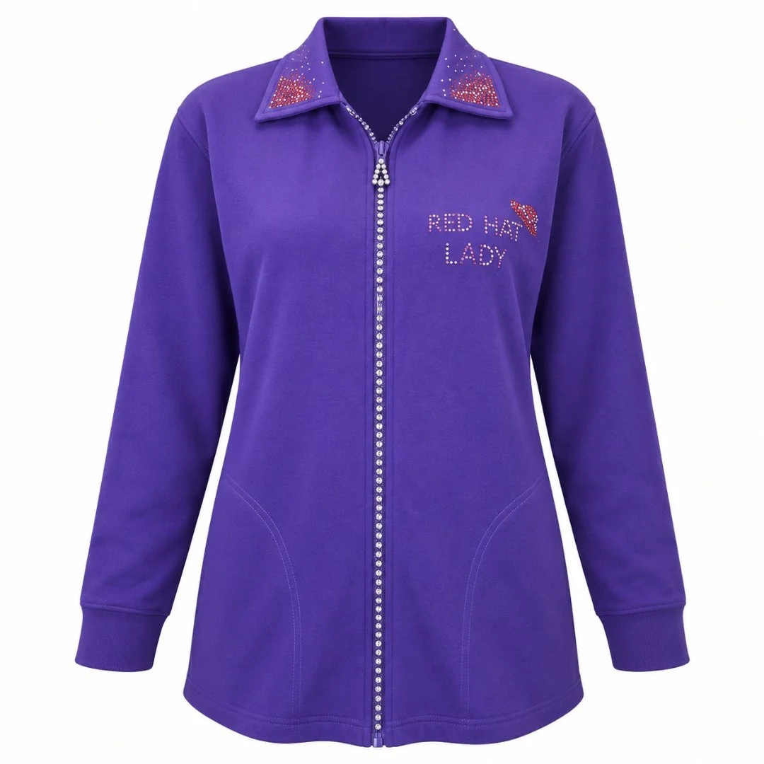 Women’s Purple Fleece-Lined Jacket, Rhinestone Details, Crystal Zipper