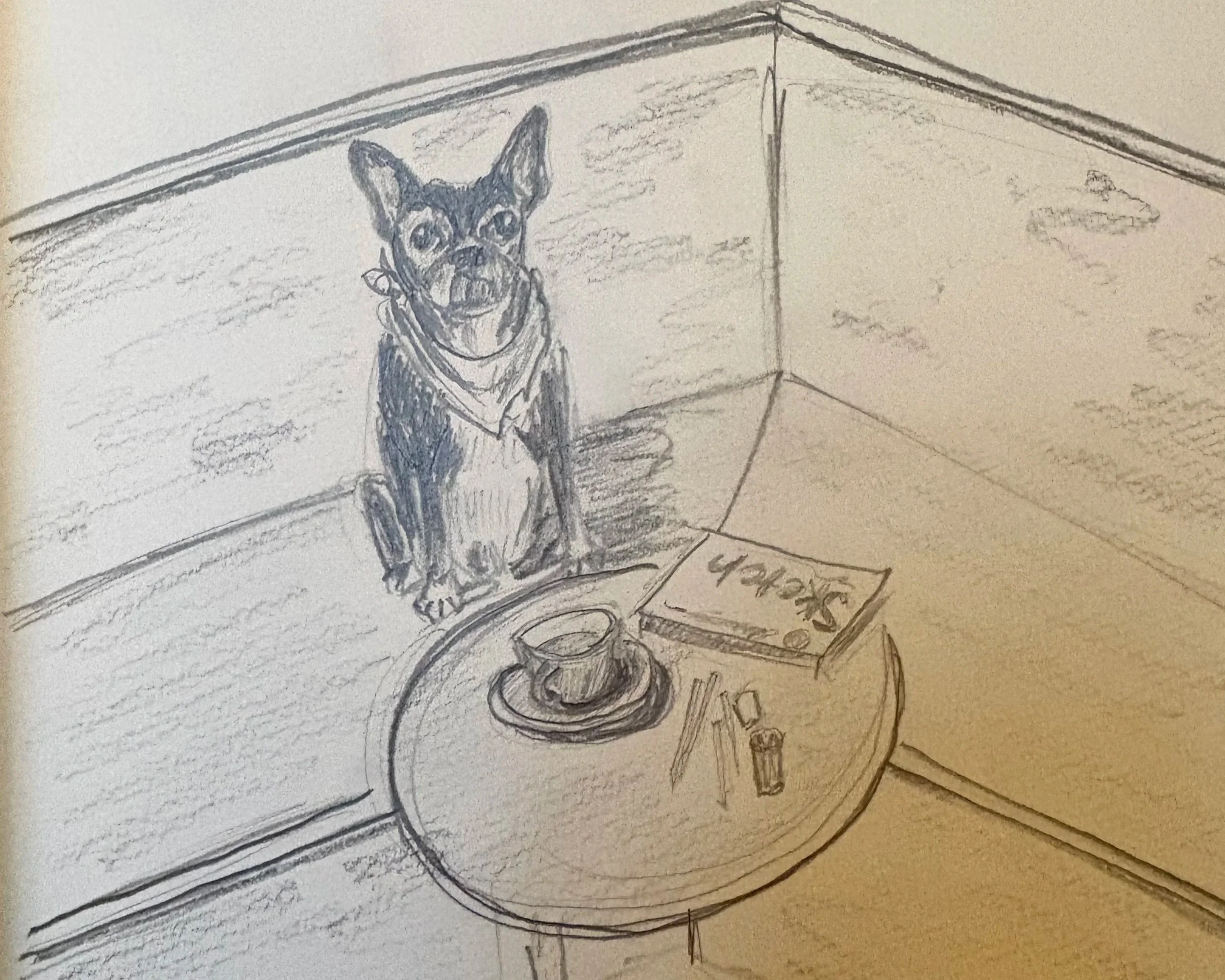 Pencil drawing of a dog seated on a bench in a coffee shop