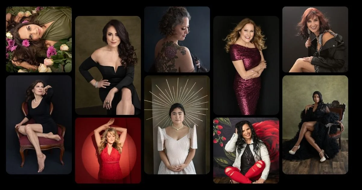 A collage of ten women in various poses and outfits, ranging from casual to formal, with some sitting, standing, and lying down, against different background settings including floral arrangements, plain colors, and textured walls.