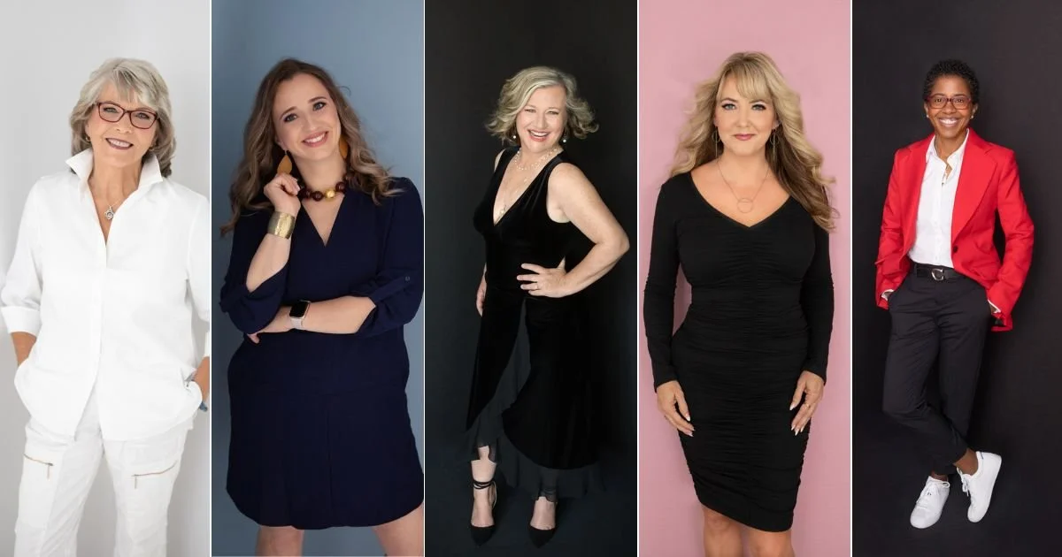 Five women posing against different solid color backgrounds, dressed in professional and stylish outfits.