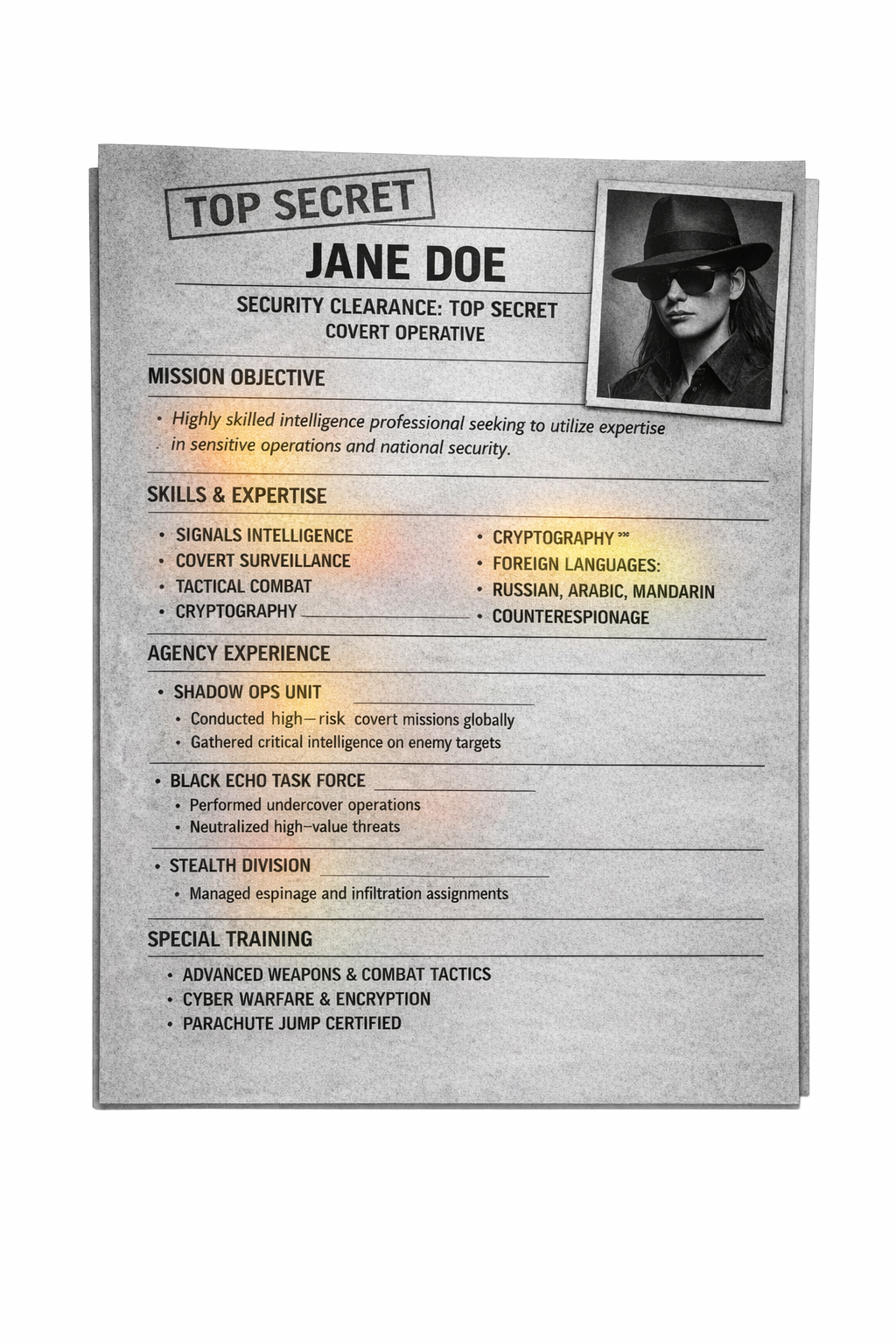 notional TOP SECRET resume with heat maps over each section header