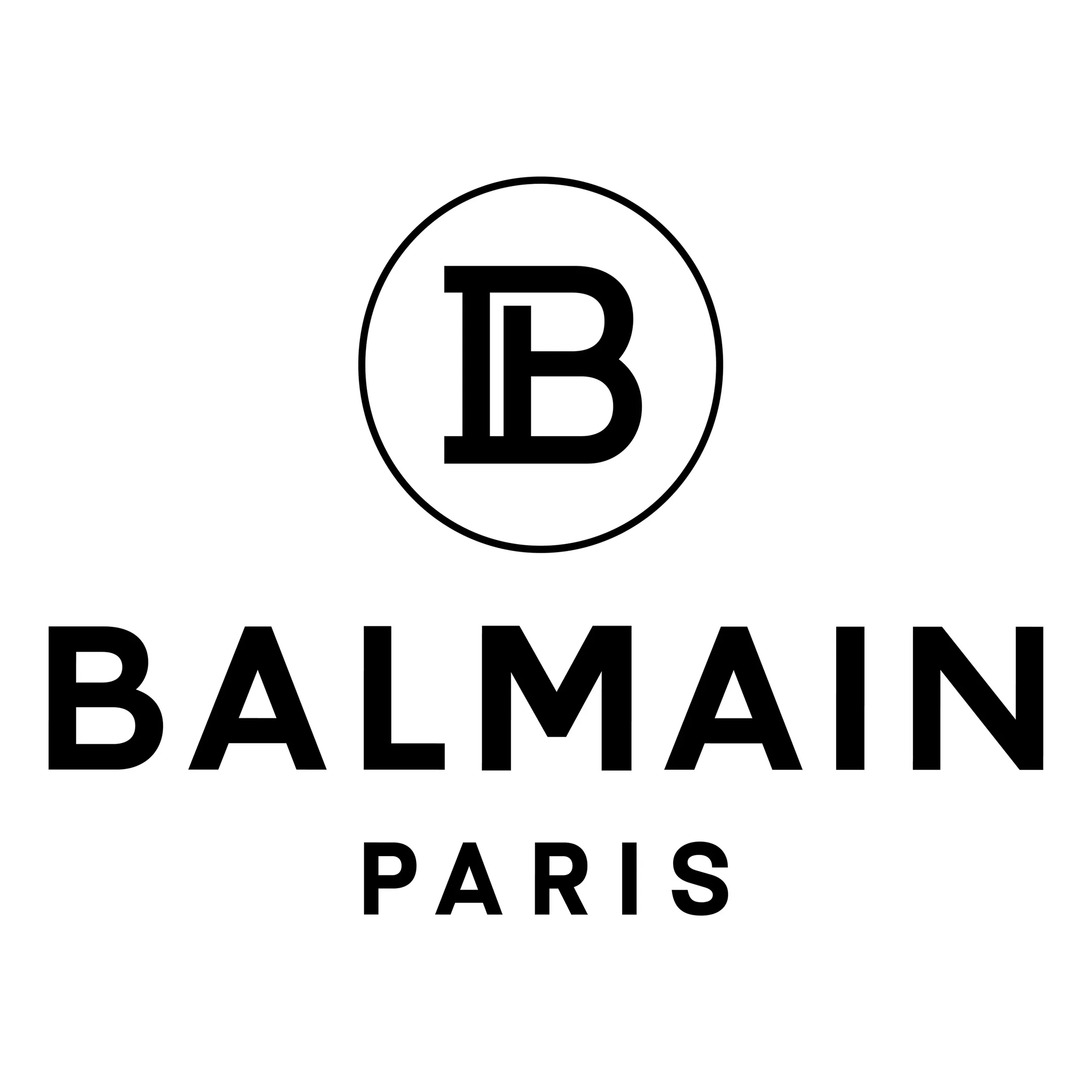 Black and white logo with a large letter 'B' inside a circle, and the words 'BALMAIN PARIS' below.