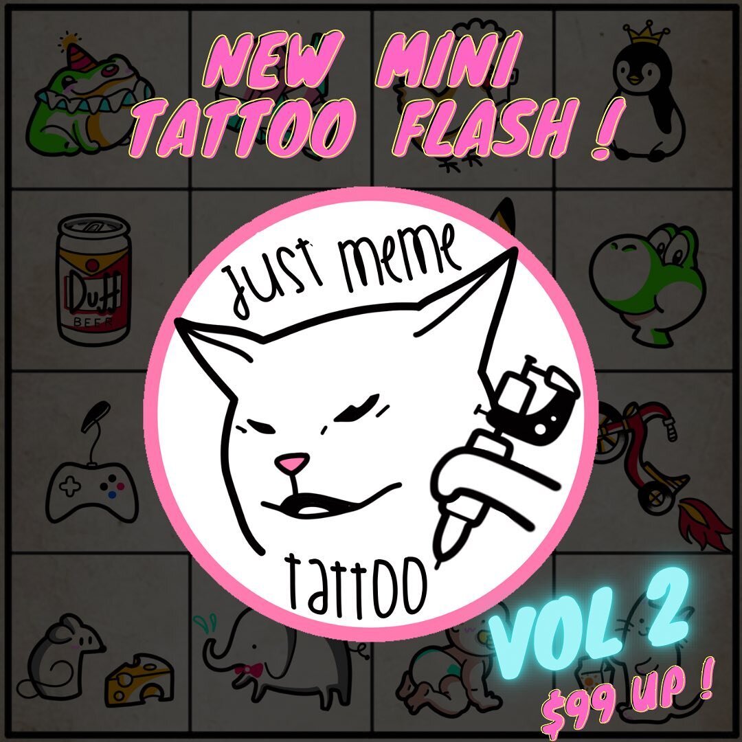 NEW Tiny Tattoo Flash Vol 2
。
Inspired by and credit to internet memes
。
Thank you for the trust!
。
Calgary 🇨🇦 Booking Open
。
Pick yours or dm to customize your own tattoo💫
。
Creation has NOTHING to do with real life event or designs.
。
DM for mor