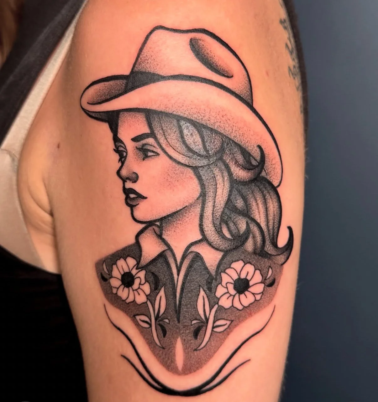 Cow Girl design done by @royelle_tattoo in Calgary