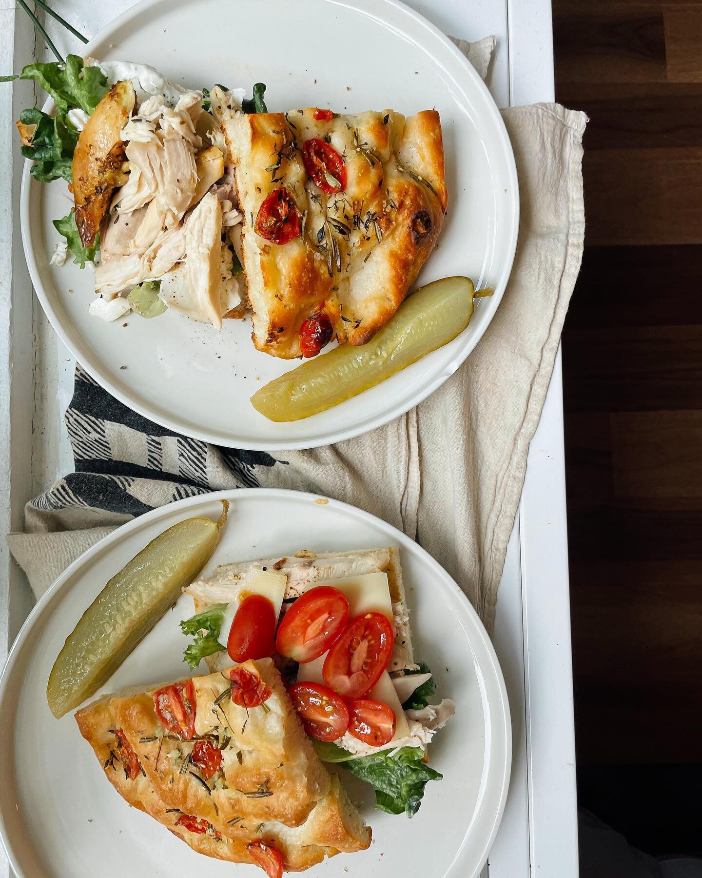 the best way to use leftover @hungryroot @roliroti lemon pepper chicken 👉🏼 roast it in the air fryer and add cheese (seen here with both mozzarella and asiago), lettuce, tomatoes, and of course sandwich everything in some homemade rosemary tomato f