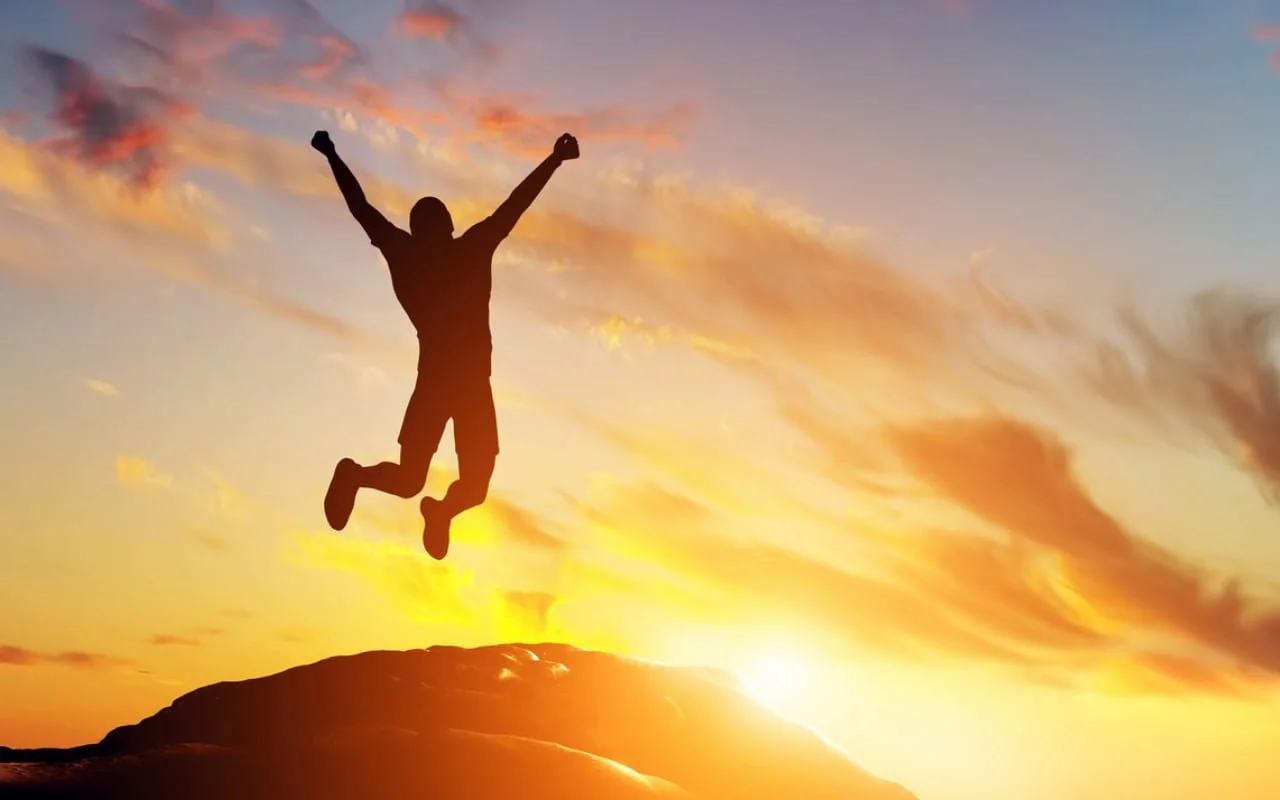 Silhouette of a person jumping with arms raised against a sunrise or sunset background.