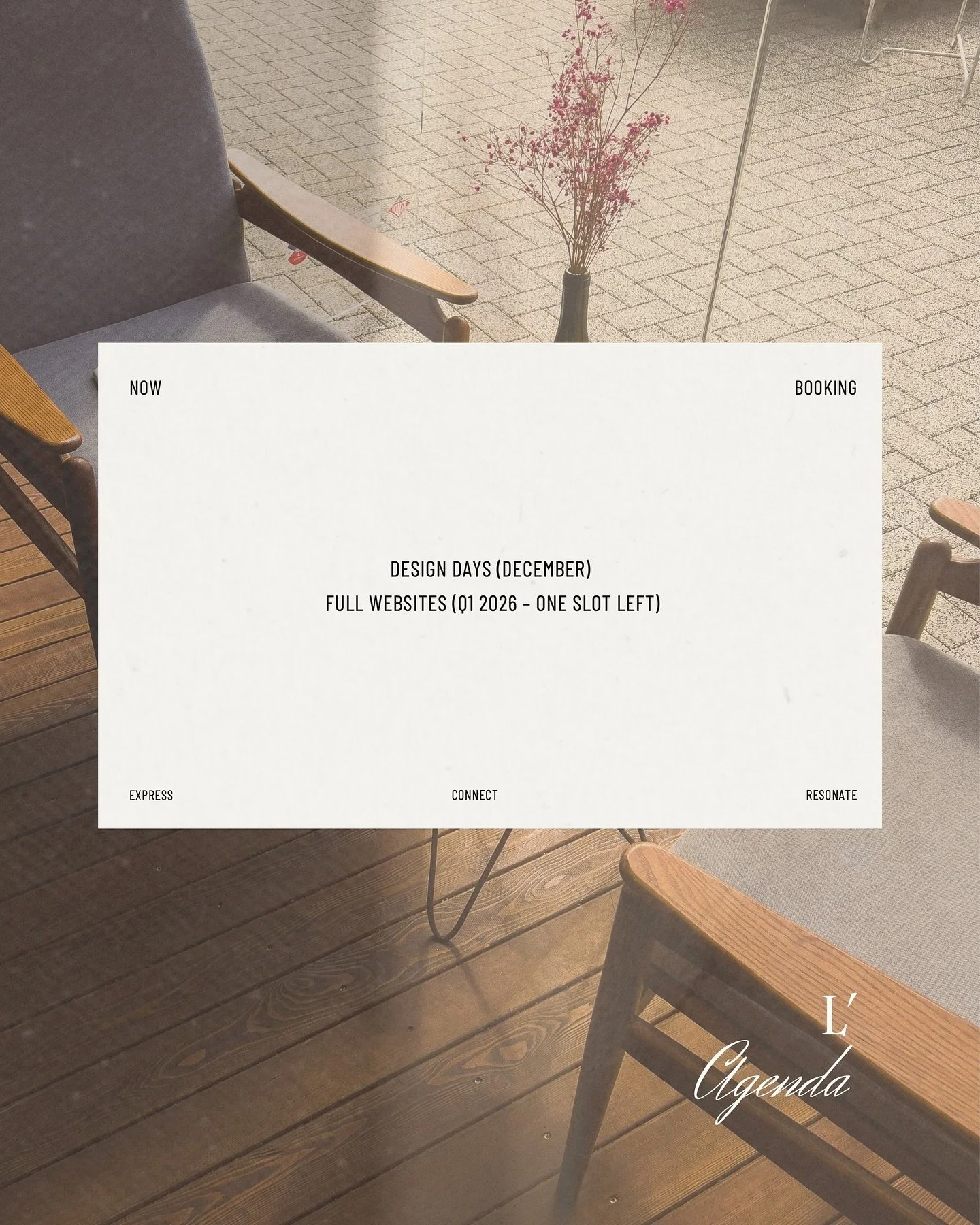 L&rsquo;Agenda &mdash; Design Days are available in December, and I&rsquo;m now booking Full Website projects for Q1 2026 with one opening left. Thankful for the continued trust in my work.
Consultations can be booked directly through my site.