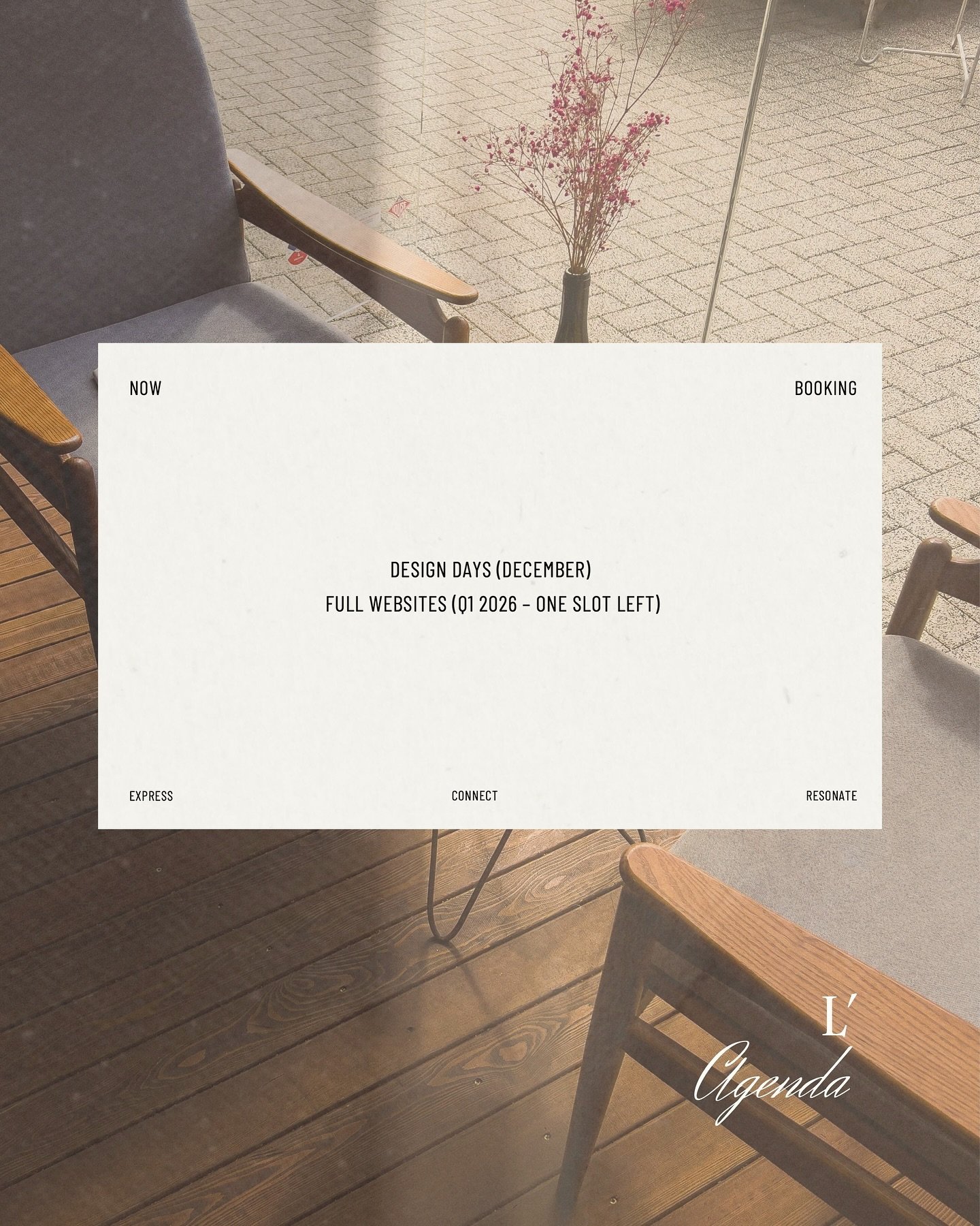 L&rsquo;Agenda &mdash; Design Days are available in December, and I&rsquo;m now booking Full Website projects for Q1 2026 with one opening left. Thankful for the continued trust in my work.
Consultations can be booked directly through my site.