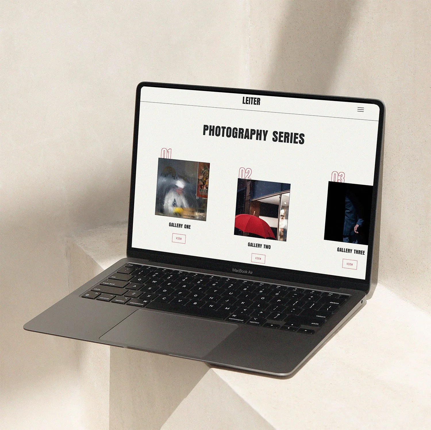 A minimalist photography portfolio website displayed on a laptop, showcasing the Leiter Squarespace template with structured photography series, clean navigation, and an image-led gallery layout.