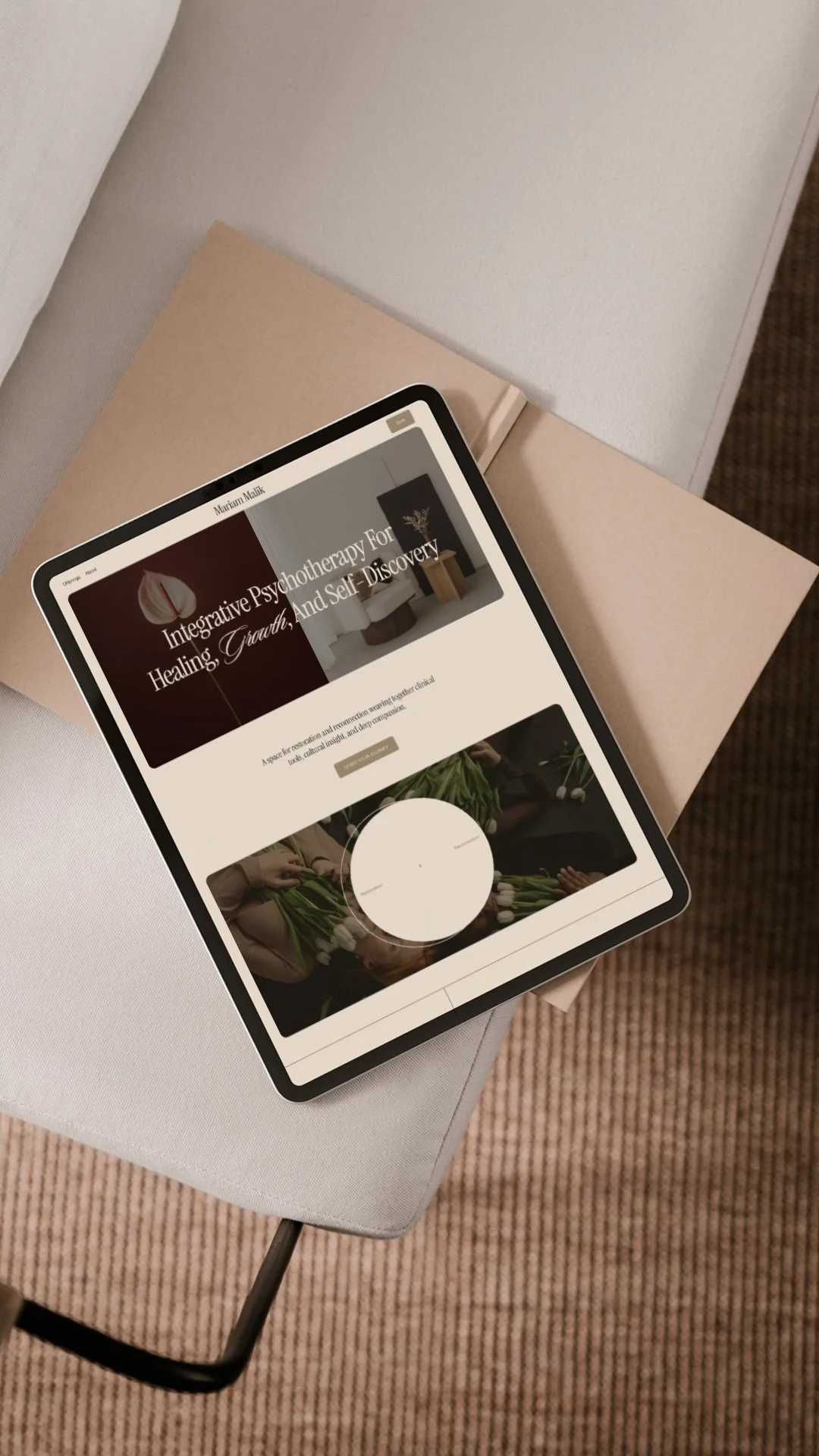 A website and mobile view for Mariam Malik, featuring a focus on integrative psychotherapy for healing and self-discovery, with a minimalistic design and earthy color palette.