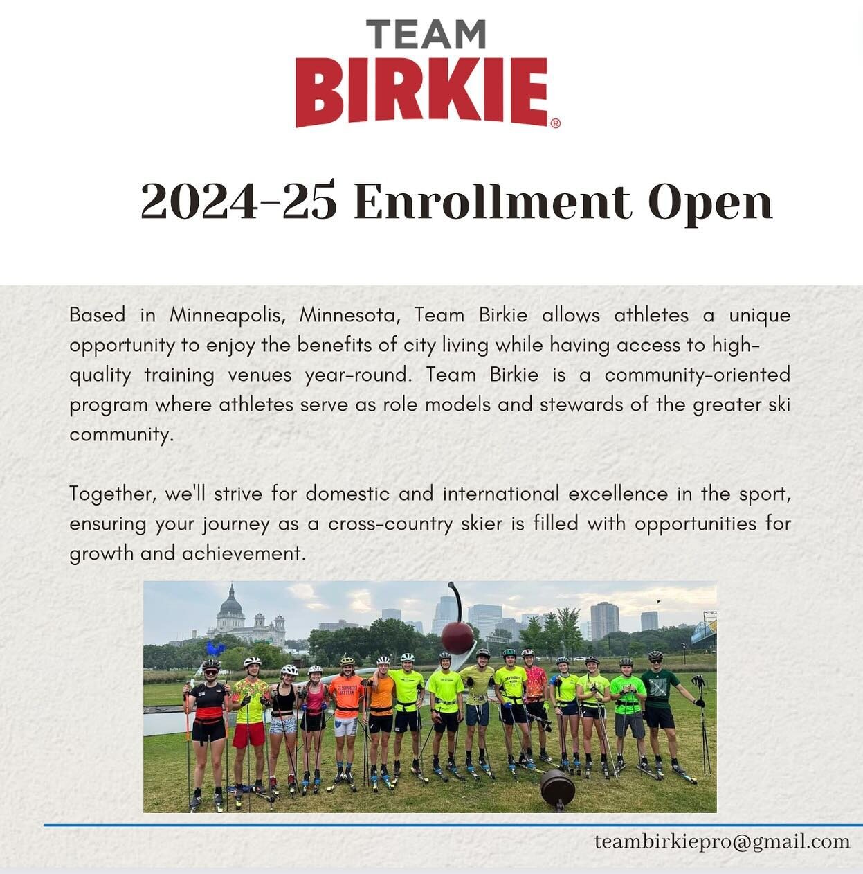 Enrollment for Team Birkie 2024/2025 is now open! Send us en email at teambirkiepro@gmail.com 🙌🏼 
All questions are welcome and we look forward to hearing from you before April 1st! 
Let&rsquo;s go 🤩🙌🏼⛷️🏋️&zwj;♀️